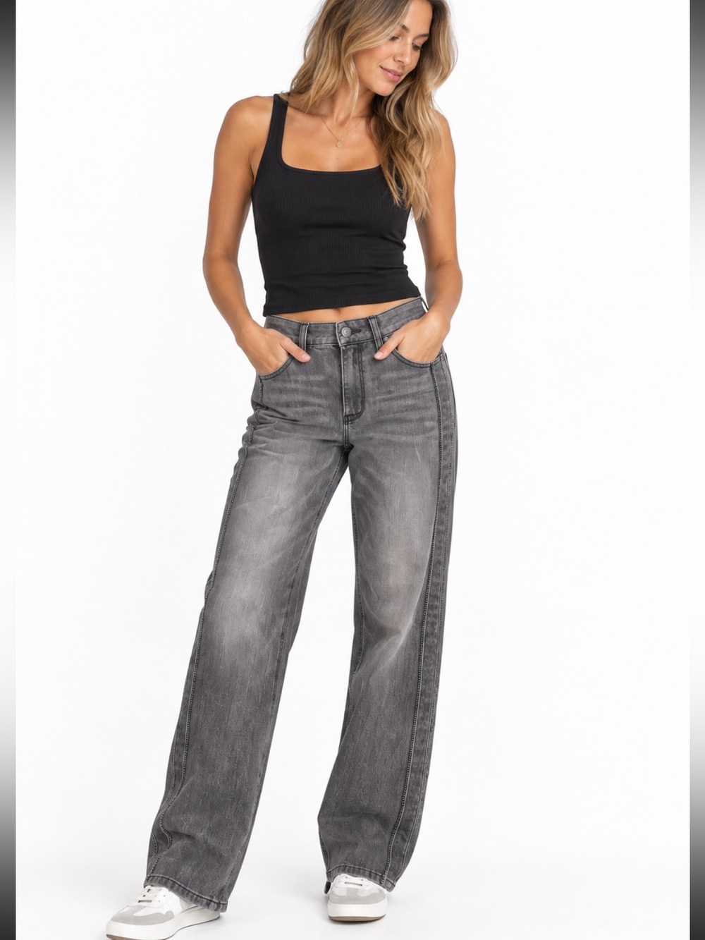 White House Black Market The Straight Gray High Rise Studded Jeans Size 4 - Picture 1 of 10